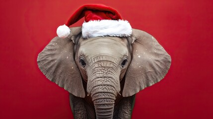A charming elephant wearing a Santa hat against a festive red backdrop, perfect for holiday-themed projects.