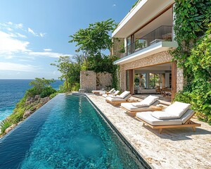 Fototapeta premium Serene Luxury Retreat: Villa Terrace with Infinity Pool and Ocean View