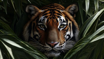 A close-up of a tiger's face peering through lush green foliage, showcasing its striking features and vibrant colors.