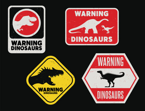 Dinosaur warning grunge sign boards depicting dino silhouettes. Vector vintage, rugged banners warning of dinosaur presence with bold text, distressed textures and red, yellow and black colors