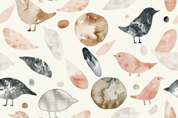 Birds and leaves in muted colors, on a white background. A repeating pattern. Watercolor bird pattern.