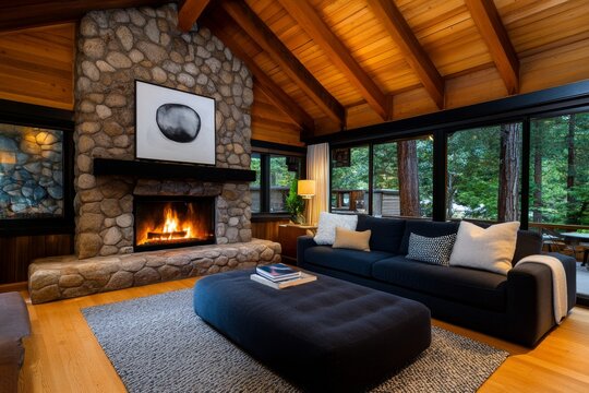 House, cozy cottage, rustic charm invites warmth and comfort with exposed beams and a stone fireplace