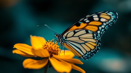 Fototapeta premium A vibrant butterfly perched on a bright yellow flower, showcasing nature's beauty and intricate details.