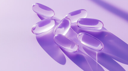 a group of clear liquid capsules arranged in a circle against an isolated soft lavender background