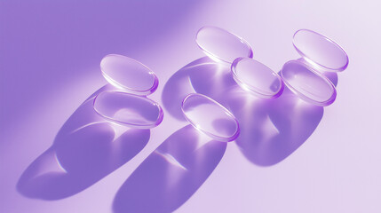 Fototapeta premium a group of clear liquid capsules arranged in a circle against an isolated soft lavender background