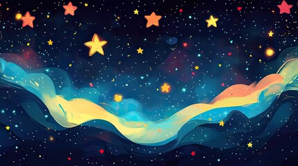 10. A colorful cartoon galaxy with glowing stars and confetti scattered across a dark sky. The abstract starry design is ideal for children's book covers, poster prints, or wallpaper backdrops. The