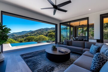 Fototapeta premium House, mansion in the hills, luxurious living features expansive rooms, high-end finishes, and breathtaking views