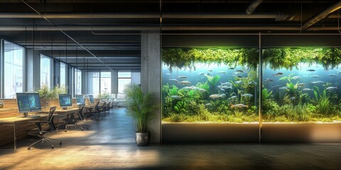Fototapeta premium Modern office with large fish tank and plants.