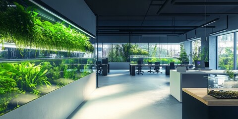 Modern office with large windows, plants, and an aquarium.