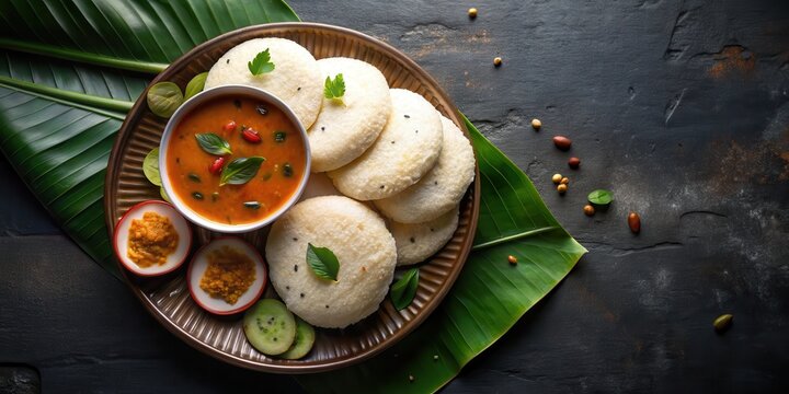 Top view of traditional South Indian idli rice cakes with sambar on a dark background
