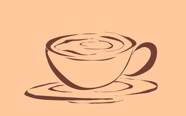 brown line illustration forming a picture of a cup of hot coffee without a background