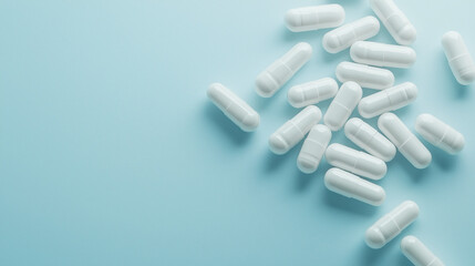 a pile of white probiotic capsules against an isolated light pastel blue background