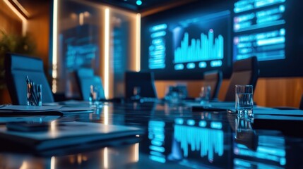 A private equity finance boardroom with executives evaluating high-profile investment deals, digital projections of company growth charts and financial forecasts, serious and strategic setting