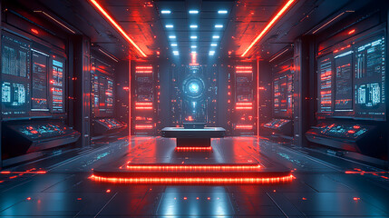 Virtual Futuristic Podium with Holographic Elements on Digital Background