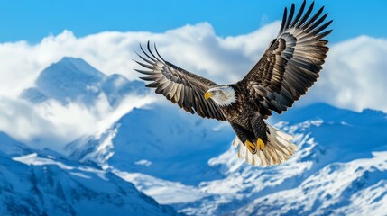 Obraz premium A majestic eagle soaring over snow-capped mountains under a bright blue sky.