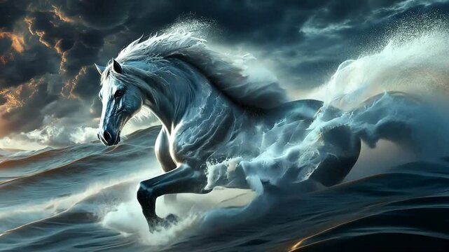 Majestic White Water Horse Galloping Through Ocean Waves
