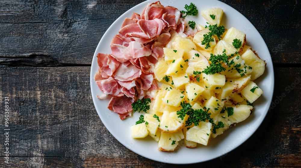 Poster roasted pineapple and prosciutto ham slices with a parsley garnish, displayed on a white plate on a 