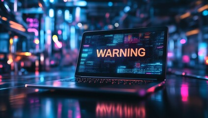 Cybersecurity alert on laptop: glowing warning sign in futuristic tech environment