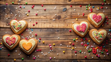 Heart shaped cakes and confetti arranged on rustic wooden table