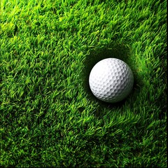 A close-up view of a golf ball nestled in vibrant green grass, highlighting the texture and color contrast, perfect for sports themes.