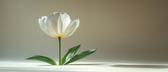 Obraz premium Single White Tulip with Green Leaves Against a Tan Background