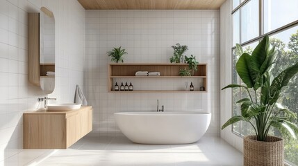 A contemporary bathroom with white tiles, wooden shelves, and natural wood details, offering a warm and clean look