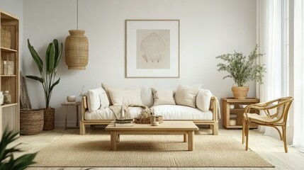 A cozy living room with white walls, wooden flooring, and natural wood furniture, creating a warm and inviting atmosphere
