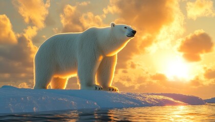 A majestic polar bear stands on an ice floe against a vibrant sunset, symbolizing the beauty of nature and wildlife conservation.