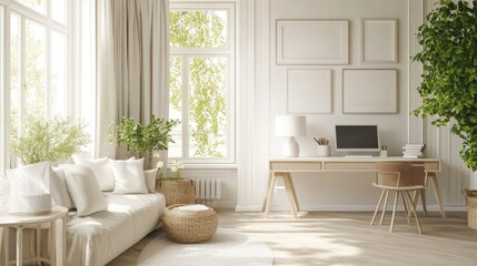 A cozy study or office space with white walls, furniture, and decor, creating a calm and uncluttered work environment