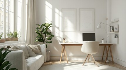 A cozy study or office space with white walls, furniture, and decor, creating a calm and uncluttered work environment