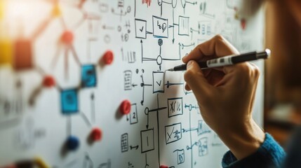 create a flowchart on a whiteboard for strategic thinking concept to achieve success, showcasing a hand-drawn illustration