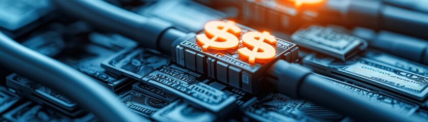 Dollar signs embedded in circuit board, representing digital finance.