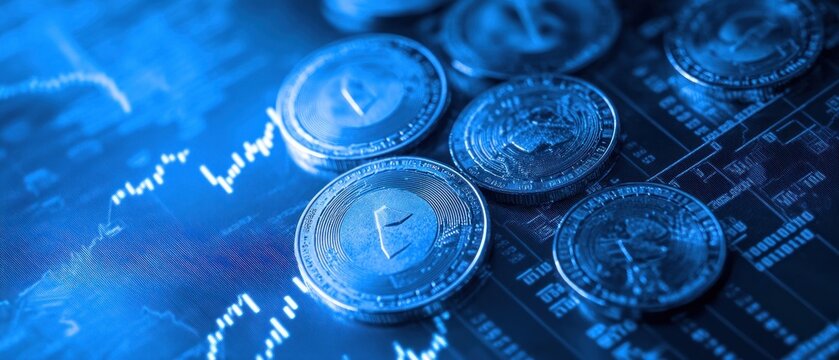 Cryptocurrency Coins on a Blue Graph Background