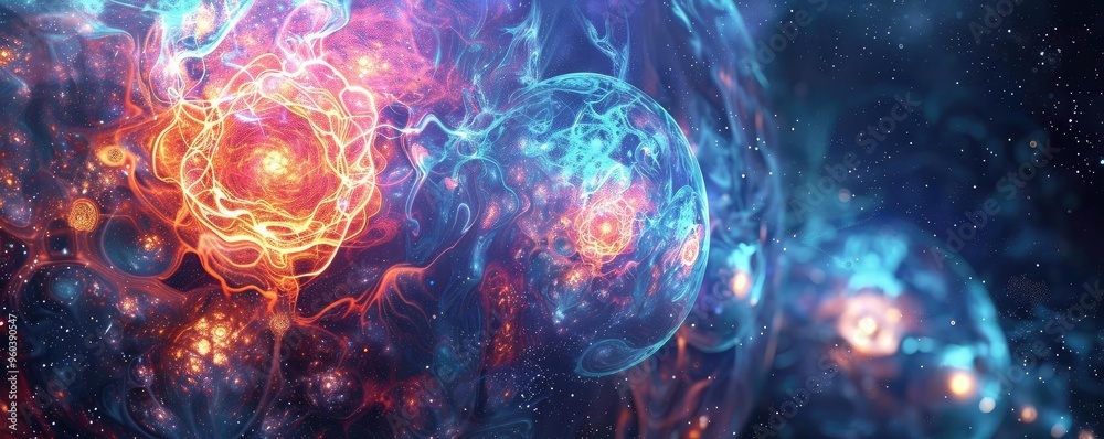 Poster An abstract representation of energy and light, showcasing vibrant colors and intricate patterns in a cosmic setting.