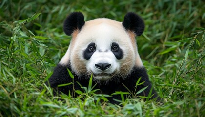 Obraz premium A close-up of a giant panda among lush green bamboo, showcasing its distinctive black and white fur.