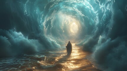 Obraz premium Picture Moses leading the Israelites across the dry seabed, with his staff raised confidently, as the Red Sea forms massive waves on either side, the sky above filled with soft,