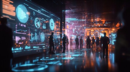 A scene depicting the growth of peer-to-peer lending platforms in a digital economy, holographic displays showing growth metrics and user engagement, futuristic and thriving environment