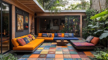 A bold and eclectic patio with brightly colored pavers in rainbow hues, matching vibrant furniture cushions in contrasting colors, modern eclectic decor with quirky art pieces,