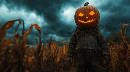 Obraz premium Eerie Scarecrow with Pumpkin Head in Cornfield