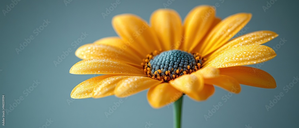 Poster Dew-Covered Yellow Flower with Blue Center