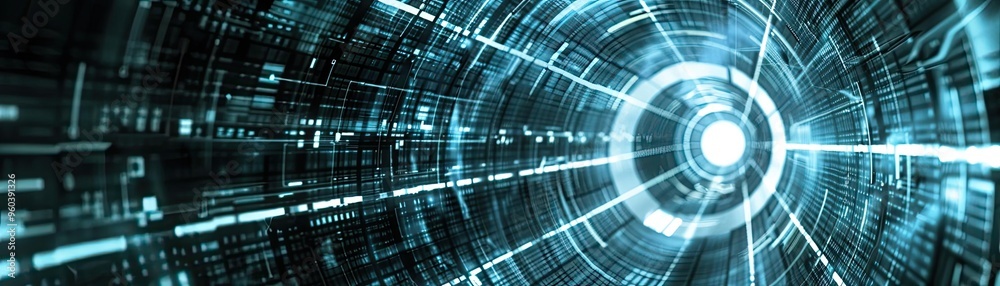Poster a futuristic digital tunnel with blue light effects, showcasing technology and innovation in a high-