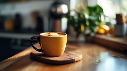 A sleek, modern kitchen scene with a cup of Bulletproof coffee, a pat of butter melting on top