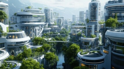 A smart city view with automated power grid systems seamlessly integrated, energy-efficient buildings,