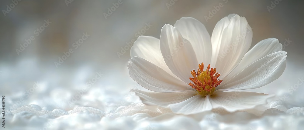 Poster Delicate White Flower with Orange Center on a White Background