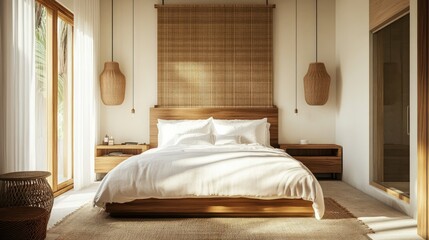 A stylish bedroom with white bedding, wooden furniture, and warm wood accents, combining comfort and elegance