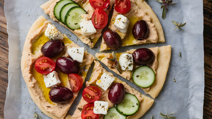 A Mediterranean flatbread topped with hummus, kalamata olives, feta cheese, cherry tomatoes, and cucumber slices, drizzled with olive oil and sprinkled with oregano.