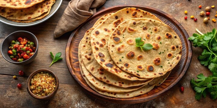 Top view of traditional Indian chapati cakes with copy space, a healthy and fiber-rich food option