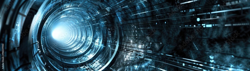 Poster a futuristic tunnel design with glowing blue light elements, representing technology and innovation 
