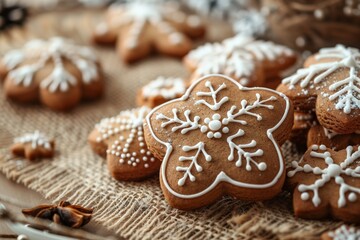 A cozy arrangement of gingerbread cookies shaped like snowflakes, decorated with white icing and surrounded by rustic elements.