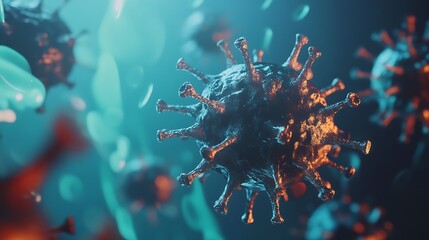Fototapeta premium Close-up of a Shiny, Spiky Coronavirus Particle Floating in a Blue and Orange Background